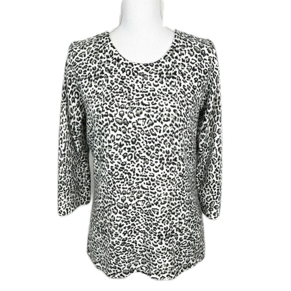 Hannah White Animal Leopard Cheetah Print Round Neck Sweater Women's Medium - Picture 1 of 10